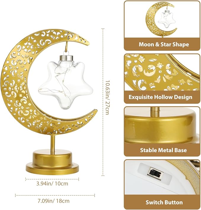 Lewondr Decorative Table Lamp, Battery Powered Ramadan Desk Lamp Decorations Crescent Table Light Lunar Star Moon Lantern for Bedside Nightstand Desktop Room Party, Eid Mubarak Decor, Warm Light