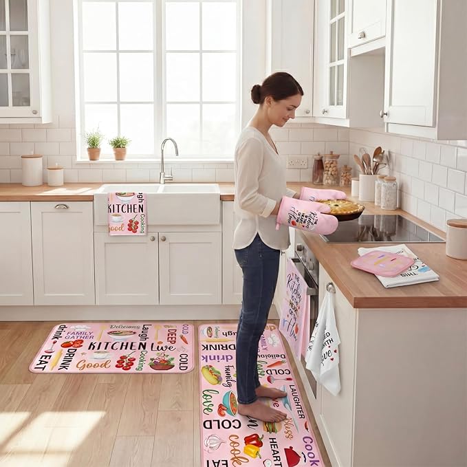 Fourluoo 10 Pcs Cuisine Pink Kitchen Decor and Accessories Set Pink Kitchen Towels Rugs Pot Holders Oven Mitts for Chef Cooking Baking Mom Housewarming Gifts