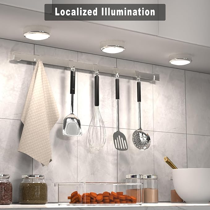 HELPLEX LED Puck Lights with Remote, 6 Pack Color Changing RGBW Stick-On Light, Battery Powered, Dimmable Under Cabinet Lighting with Timer & Memory, Wireless Push Lights for Kitchen & Closet, Silver
