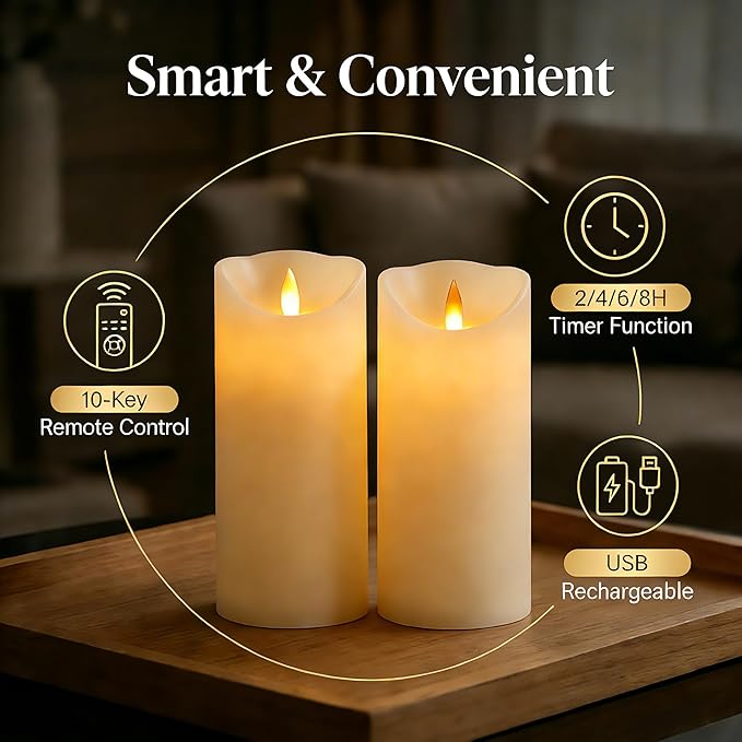 Rechargeable LED Flameless Pillar Candles, Ivory Real Wax Flickering Candles with Remote & 2/4/6/8H Timer, USB Rechargeable LED Candles for Home & Outdoor Decor (Set of 2)