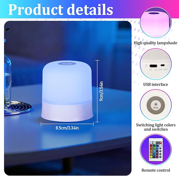 Night Light Bedside Lamp with Touch and Remote Control, 13 RGB Colors Changing 5 Brightness Dimmable Table lamp, Rechargeable Portable Desk Lamp for Baby Kids Nursery Bedroom Outdoor Camping