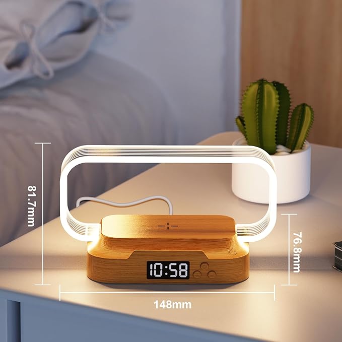 Donewin Small Nightstand Lamp with Wireless Charger,Cute Bedside Lamp with Clock,Small Table Lamp for Bedroom,Mini Night Light for Bedroom,Tiny Light as Gift,Stepless Dimmable,3 Color Modes