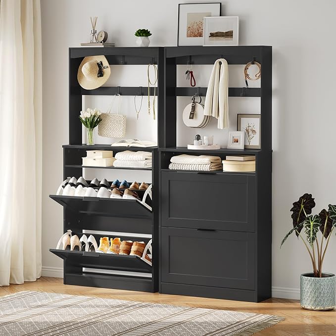 Tall Shoe Cabinet with Flip Drawers and Coat Rack, Floor Standing Modern Shoe Storage Organizer, 2-in-1 Hall Tree with Movable Hooks and Open Shelves, for Entryway, Black SC01BKY1