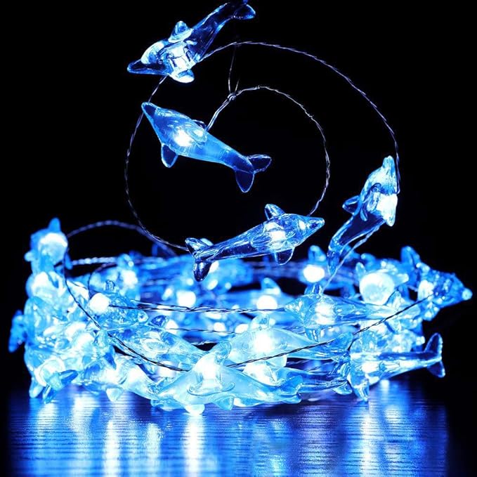 Decorman Dolphin Decorative String Lights, 14ft 40 LED 8 Modes Cool White Weatherproof Battery Operated Ocean Theme Lights for Bedrooms Parties Weddings Gardens with Remote and Timer