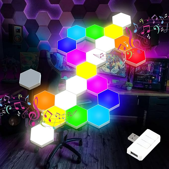 Music Sync Hexagon Lights, Smart LED Wall Lights 10 Pack, 13 Colors Modular Assembled RGB Wall Panels, Hex Light with USB-Power for Autism, Game Room Decor, Party(10 Pack)
