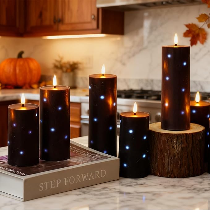 Flickering Flameless Candles,Battery Operated Real Wax LED Pillar Candles with Remote Control and Timer,with Embedded Star String,Set of 9 (Black)