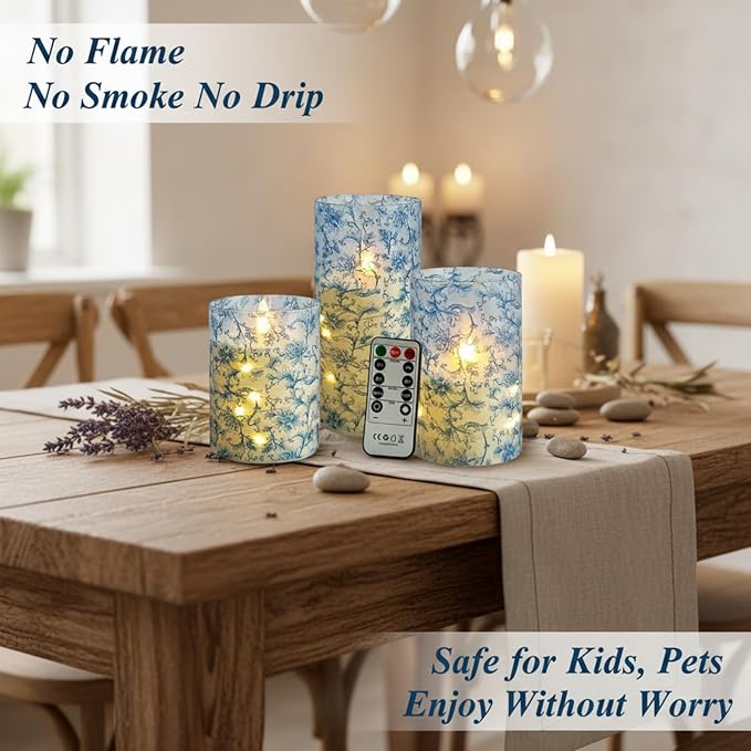 Blue Floral Flameless LED Pillar Candles with String Lights, 3pcs Battery Operated Flickering Candles with Remote Timer, Decorative Flower Printed Candles for Wedding Home Decor Romantic Ambiance