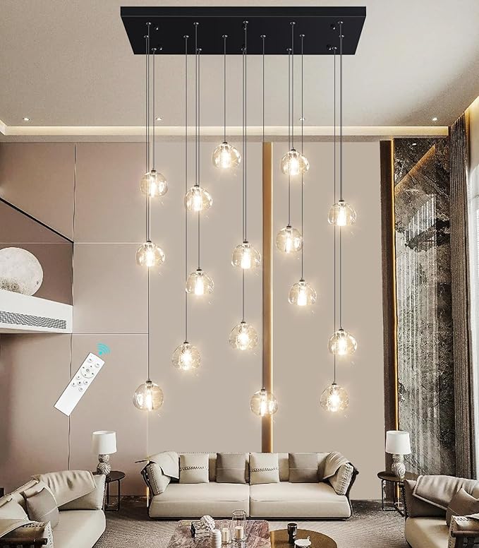 W27.6 x D11.8 x H118 Rectangular Glam Chandelier Bubble Crystal Ceiling Pendant Lights Dimmable High Ceiling Chandeliers Fixtures Adjustable Long Lights Black