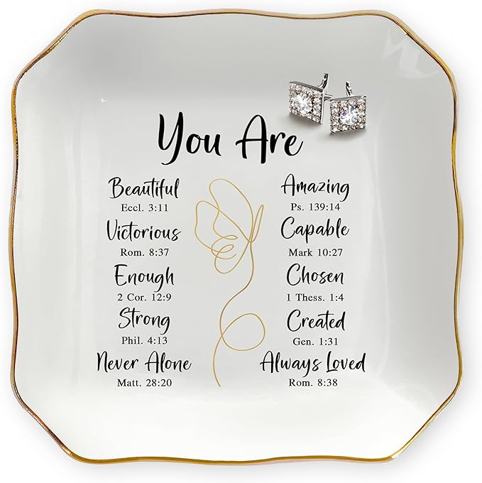 OASSIE Christian Gifts for Women Faith - You Are 4"x4" Ceramic Jewelry Dish Tray - Appreciation Inspirational Catholic Birthday Gifts for Women Friends, Wife Present Ideas, Trinket Dish Jewelry Tray