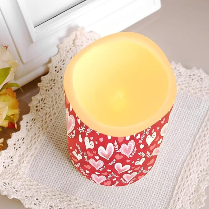 Red Heart Pattern Flickering Flameless Candles with Remote LED Pillar Candles Battery Operated with Timer Color Changing Electric Candles Valentine's Day Decoration