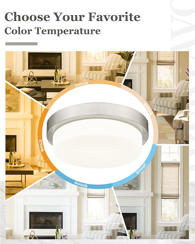 Flush Mount Ceiling Light, 13inch Close to Ceiling Light Fixtures 24W 2200LM Dimmable 2700K/3000K/4000K/5000K/6000K LED Ceiling Lamp for Kitchen Bedroom Hallway, Brushed Nickel, AD-22008-L-SN