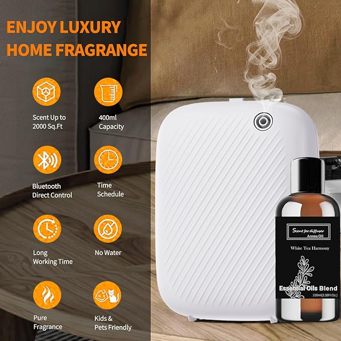 Smart Scent Air Machine Pro for Home, Waterless Essential Oil Diffuser, 400ML Diffuser with 100ML White Tea Essential Oil for Large Room and Commercial Use, Cover Up to 2000 Sq.Ft