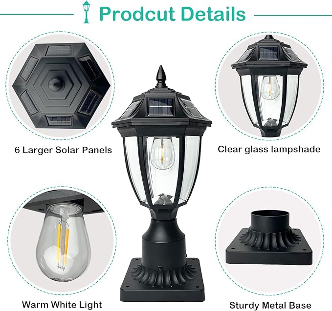 Solar Post Lamp Lights, Dusk to Dawn Post Light with Pier Mount Base, Outdoor Waterproof Solar Motion Sensor Lights for Garden Yard Landscape Pole Pillar