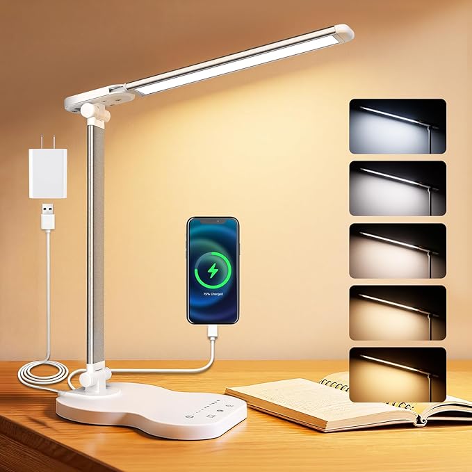 Desk Lamps for Home Office, Dimmable LED Desk Lamp, 5 Color Modes, 10 Brightness, Touch Desk Light with USB Charging Port for Nail Craft Puzzle Sewing Study - White