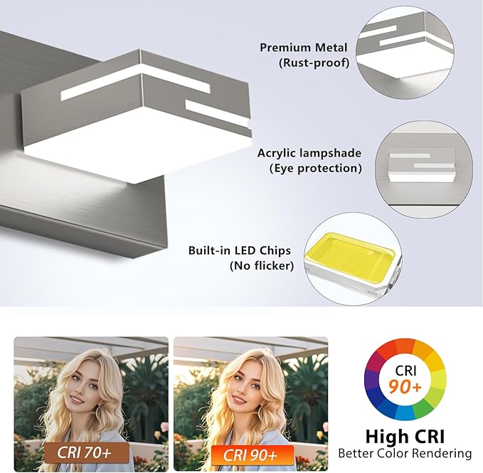 LED Modern Bathroom Vanity Light Fixtures, 7-Light 48-inch Dimmable Brushed Nickel Vanity Lights for Bathroom Lighting Fixtures Over Mirror, with 350° Rotatable Acrylic Heads (Cool White 6000K)