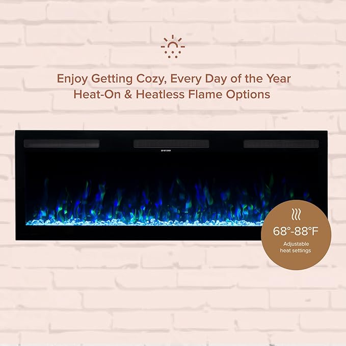 Modern Ember Vibrance 50 Inch Smart Linear Electric Fireplace Insert - Recessed or Wall-Mount, LED Multi-Flame Colors, Alexa/WiFi Enabled - Remote Included - Crystals