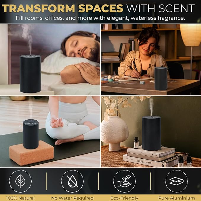 Waterless Essential Oil Diffuser – Aromatherapy Scent Diffusers for Home, Office, Hotel, Bedroom – Modern and Elegant Mini Fragrance Diffuser – Cordless and Portable with Digital Display(Black)
