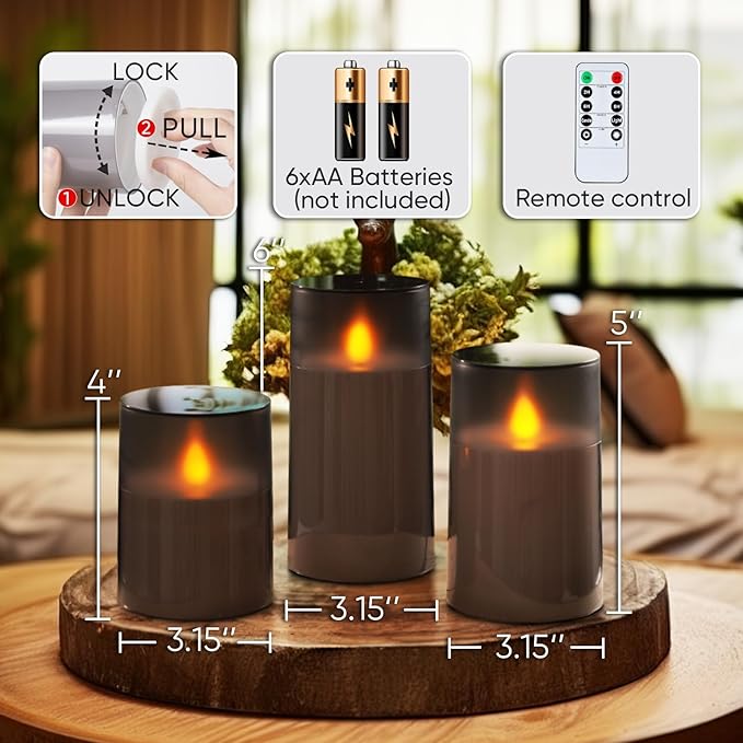Homemory Flameless Candles Set of 3, Grey Acrylic LED Candles Upgraded Realistic Battery Operated Flames with Remote & Timer, Waterproof for Indoor,Outdoor Decor, Halloween & Christmas Lanterns