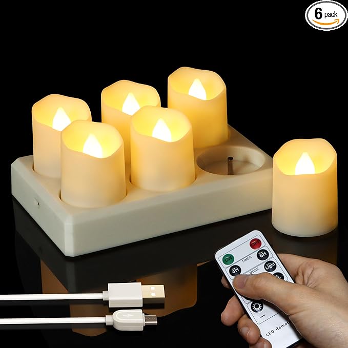 6pcs LED Tea Lights Rechargeable with Charging Base and USB Cable, Flameless Votive Candles Flickering with Remote and Timer, Electric Fake Candles Warm White