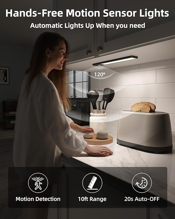 EZVALO 8" Under Cabinet Lighting, 1600mAh USB-C Rechargeable Motion Sensor Light, 3 Color Temps, 3-Level Dimmable Magnetic Wireless Closet Lights for Kitchen, Pantry, Stairs (2 Pack)