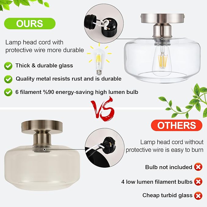 Tbaoinal Semi Flush Mount Ceiling Light Clear Glass Shade Matal Base, Inclede LED Bulb, Low-Profile for Kitchen/Hallway/Entryway/Bathroom, Silver