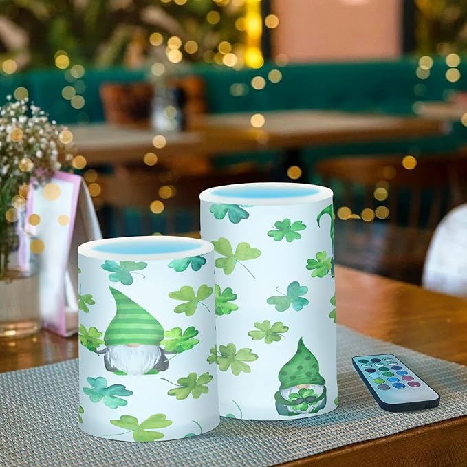 YETTASBIN St.Patrick's Day Gnome Flameless Candles with Remote Control and Timer, Adjustable Brightness Long Lasting Battery Operated LED Pillar Candles for Indoor Outdoor Party Home Decor, 2 Pack