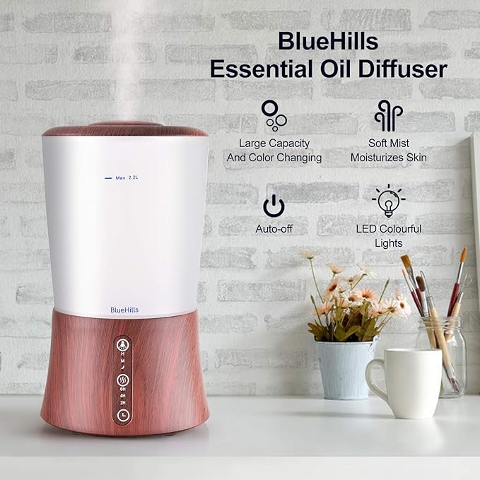 BlueHills Premium Set of Two Large 2000 ML and 2500 ML XL Essential Oil Diffusers Humidifier Combo for Large Room Home with Décor LED Lights Great Gift – Value Pack of Dark Wood Grain.