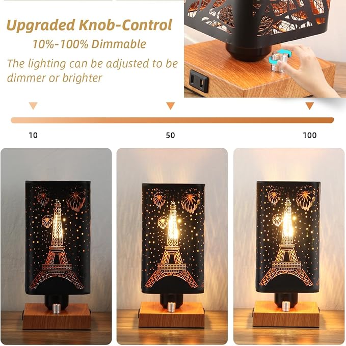 Industrial Table Lamp Sets of 2 with USB Ports and Outlet, Rustic Dimmable Bedside lamp with Charging Station, Metal Square Shadow Nightstand Lamp for Bedroom Living Room End Tables