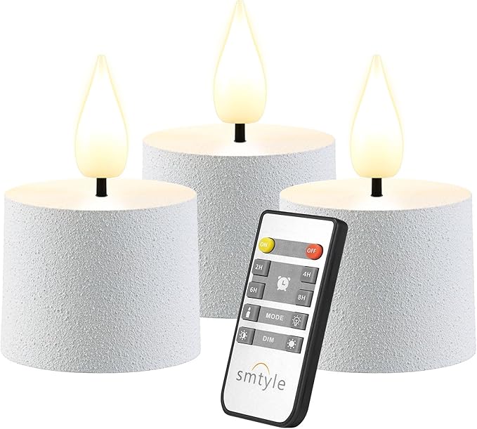 Smtyle White Flickering Flameless Candles with Remote – Battery Operated Set of 3 Long-Lasting Fake Votive Candles for Christmas Decor, Table Decorations & Home Mantel Display