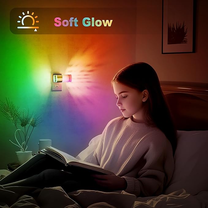 JandCase Night Lights Plug into Wall,2 Pack Color Changing Night Light for Kids with 1 Remote Control, 3000K+RGB LED Nightlight with Light Sensor, 10/50/100LM Adjustable for Rooms Home Decor