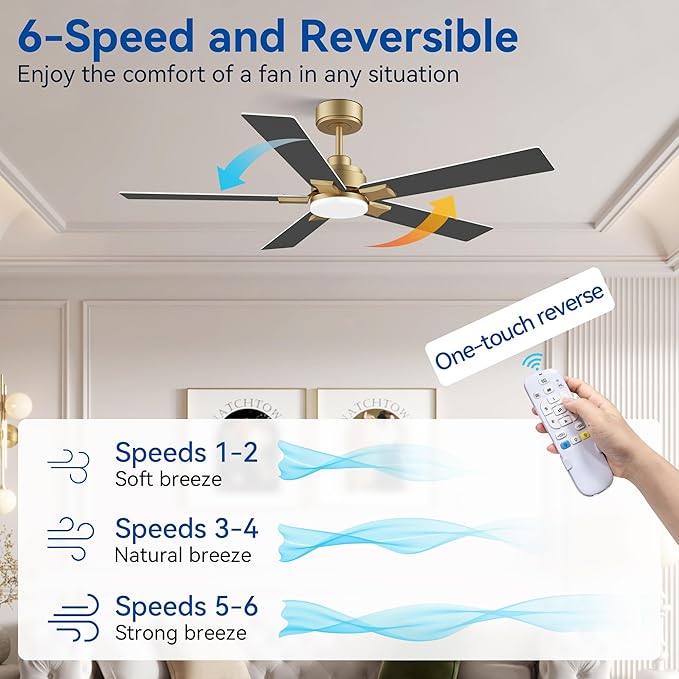 52Inch Smart Ceiling Fan with Lights Remote,APP&Alexa WIFI Controled,Quiet Reversible DC Motor,Dimmable LED,Indoor Outdoor Modern Ceiling Fan,for Living Room Bedroom Patio Porch,Gold White&Black