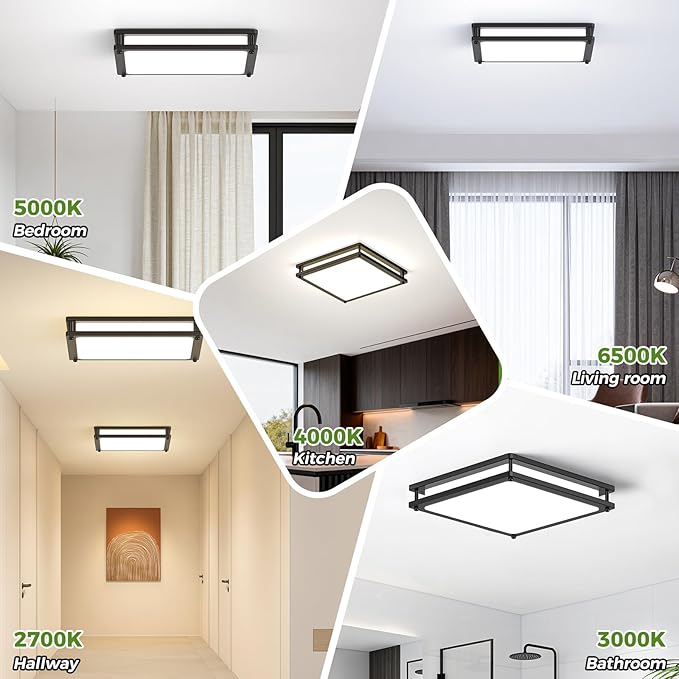 13 Inch 36W Flush Mount LED Ceiling Light Fixtures (450W Equiv), 3200LM Black Square Dimmable Ceiling Light, 2700K/3000K/4000K/5000K/6500K Adjustable Modern LED Lights for Bedroom Kitchen Bathroom