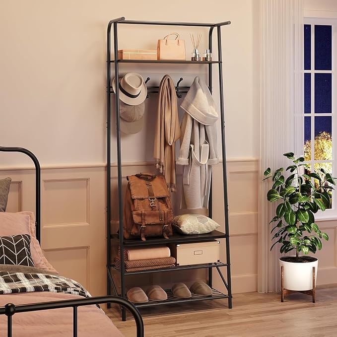 Hall Tree, Entryway Hall Tree with Shoe Rack, Coat Rack with Shoe Rack and Hooks, 25” Freestanding Metal Entryway Organizer with 4-Tier Storage Shelves for Hallway, Bathroom, Small Spaces