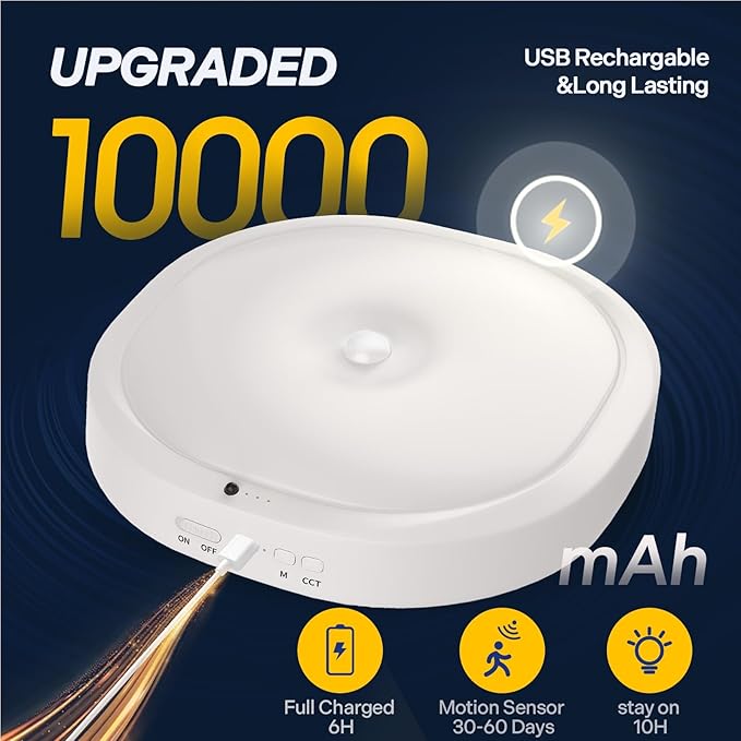 2 Packs Motion Sensor Closet Light with Remote, No Wiring Battery Operated Ceiling Light with 10000mAh, Waterproof Shower Light for Bathroom Closet Stairs Pantry