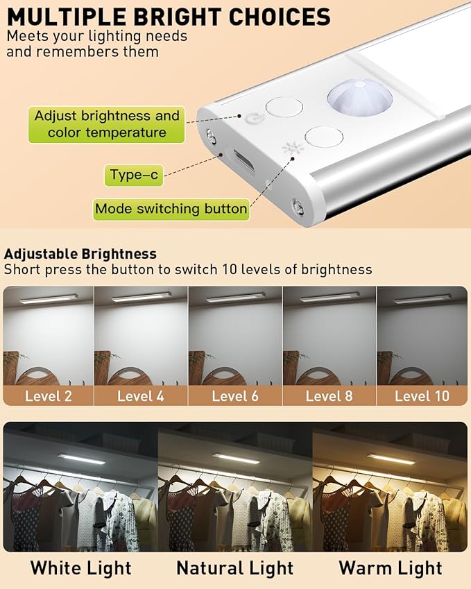 SZOKLED Motion Sensor Light Indoor, Closet Lights Rechargeable Battery Operated, Dimmable Under Cabinet Lighting for Kitchen, Stair, Wardrobe, Pantry, 4Pack (9.84inch)