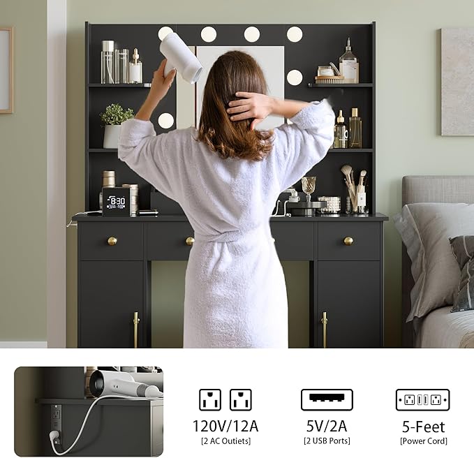 Makeup Vanity Desk with Mirror and Lights, 43" Black Vanity Set with 3 Drawers, Power Outlet & Adjustable RGB LED Lights, Dressing Table with Storage Shelf for Women & Girls Bedroom