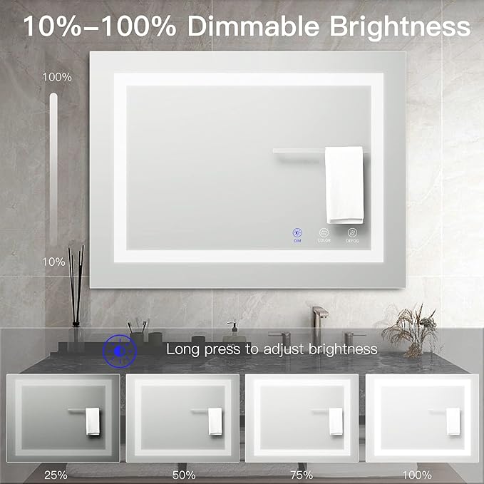 LED Bathroom Mirror, 32x24 Inch Bathroom Vanity Mirror Wall Mounted with 3000K-6000K Adjustable, Anti-Fog, Smart Touch Button, Stepless Dimmable Lighted Makeup Mirror, Horizontal/Vertical