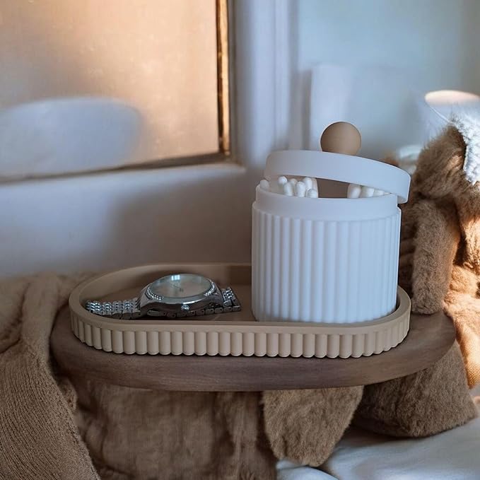 Modern Ribbed Organizer Set with Tray and Jar | Minimalist Storage for Jewelry Makeup and Decor | Compatible with Handcrafted Eco Friendly Home Accessory