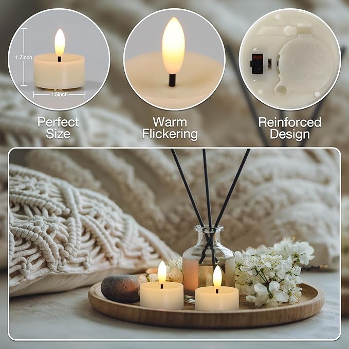 36 Pack Flameless LED Tea Lights, Flickering Realistic Electric Fake Tealights Candles, 3D Wick Battery Operated Tea Lights Candles for Wedding, Festival, Party, Home Decor