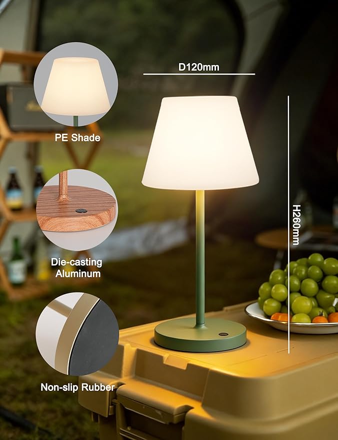 Mini LED Cordless Table Lamp Rechargeable, 3000mAh Battery Operated Shower Lamp Waterproof, Touch Dimmable 2700K Night Light for Patio Camping Dining Outdoor (Mini Wood)