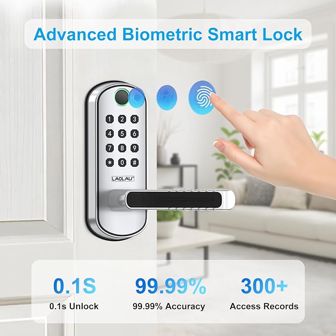 B04 Fingerprint Electronic Door Lock with Keypad and Handle – Keyless Entry Smart Door Lock, Remote APP Control, Code Unlock, Silver, Smart Locks for Front Door, Home, Office Use
