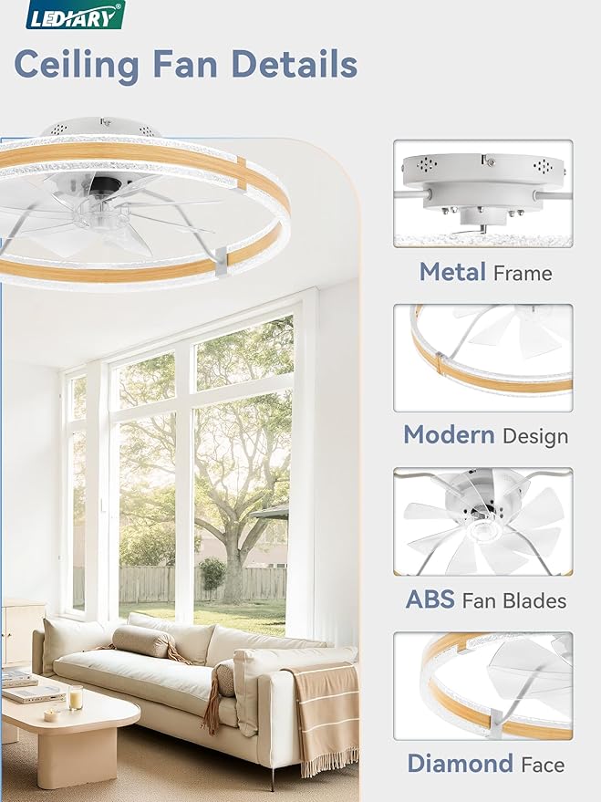 LEDIARY Ceiling Fans with Lights and Remote, 24'' Low Profile Ceiling Fan with Light, 3000-6000K Dimmable Fandelier Ceiling Fans, Modern Flush Mount Fan for Bedroom with 6 Wind Speeds- Wood Grain