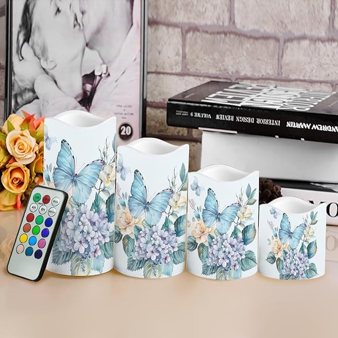 Blue Butterfly Pillar Candles Bulk Led Flameless Battery Operated Candles with Timer Remote Color Changing Electric Fake Candles for House Warming Home Decorations Set of 4