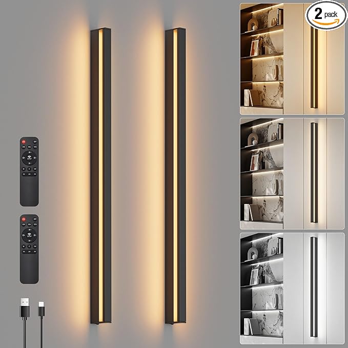 Aipsun Black Battery Operated Wall Sconce,9000mAh Rechargeable Wall Sconces Set of Two 3000K-6000K LED Wireless Wall Light for Bedroom, Hallway Living Room,39.4 Inch(2 Packs)