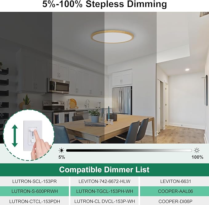Brightever 2 Pack LED Flush Mount Ceiling Light Fixture, 12 Inch 24W, Super Slim 0.67 Inch 3200LM LED Ceiling Lights Wooden Color, Dimmable & 2700K-6500K 5 Color in One Ceiling Lamp for Office
