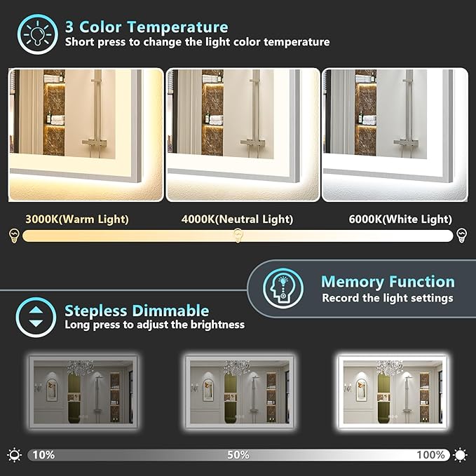 55x36 Brushed Nickel LED Bathroom Mirror with Lights, Sliver Framed Backlit and Front Lit Anti-Fog Lighted Vanity Mirrors for Bathroom Wall, Dimmable, 3 Colors, Memory, Tempered Glass, CRI＞90