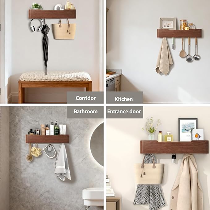 Coat Rack Wall Mount Entryway Organizer Modern Key Holder Wall Mount with Wooden Shelf Entryway Hooks for Bedroom Kitchen Hallway Bathroom for Hanging Coats Hats Dog Leashes Bags Towels