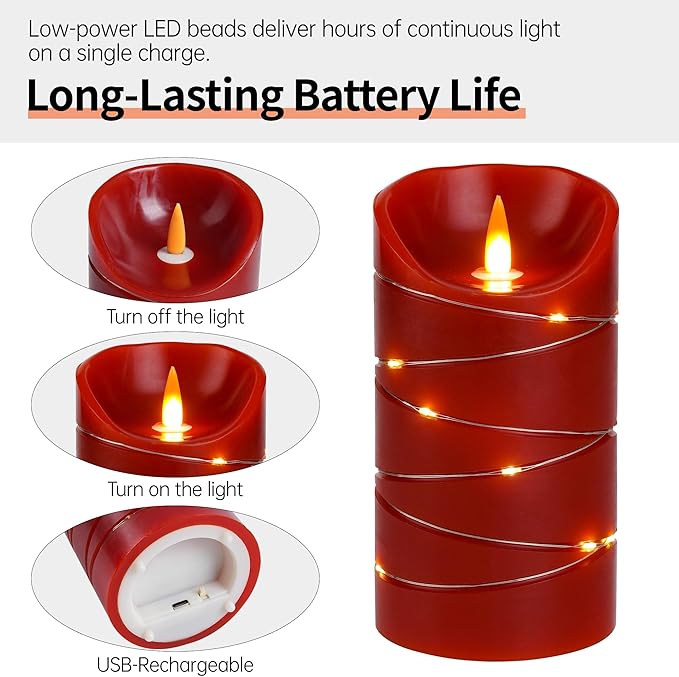 Red Rechargeable LED Flameless Candles 3-Piece Set (4/5/6 Inches) - Real Wax with String Lights, Remote Control & Timer, Safe Realistic Flames for Christmas/Halloween Holiday Home Decorations