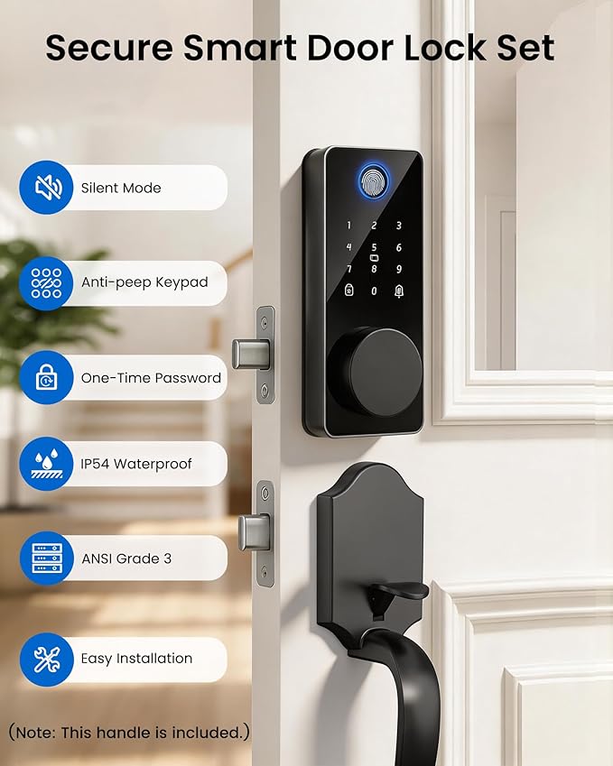 Smart Deadbolt Lock Set, Fingerprint 5-in-1 Keyless Entry Door Lock with Handle, Touchscreen Keypad, APP Control, Auto Lock, Easy Install for Front Door
