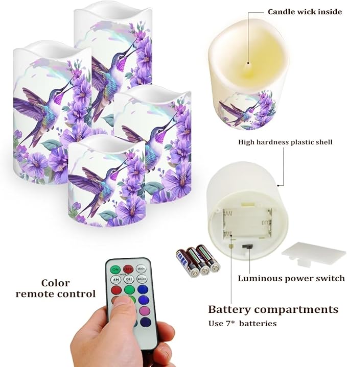Purple Hummingbird Pillar Candles Bulk Led Flameless Battery Operated Candles with Timer Remote Color Changing Electric Fake Candles for House Warming Home Decorations Set of 4